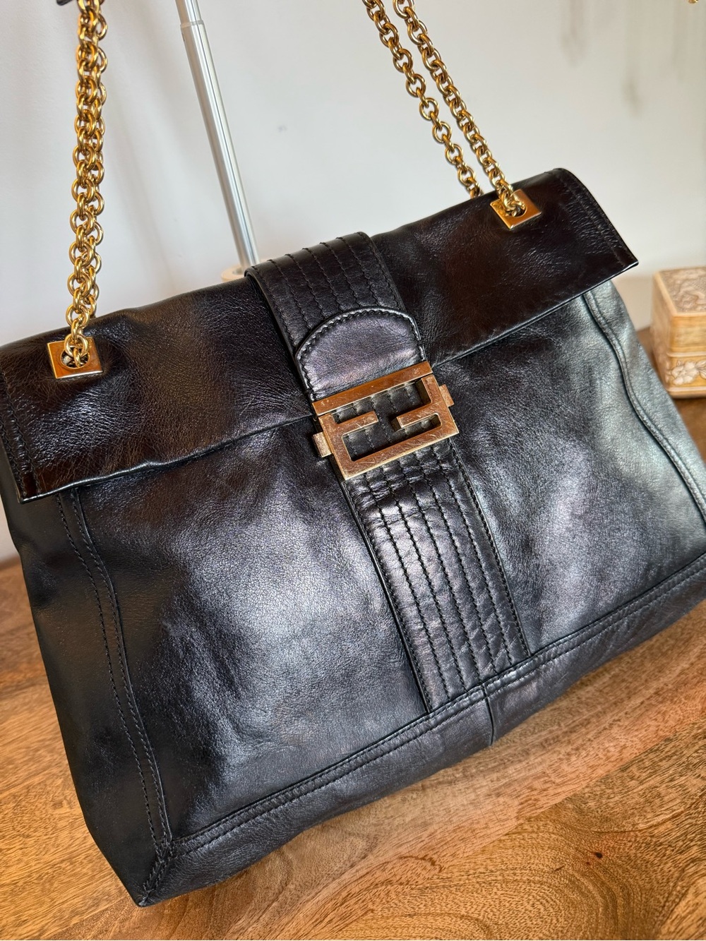 Rare Vintage Fendi Black Leather FF Flap Bag Gold Chain Shoulder Strap - Picture 4 of 17